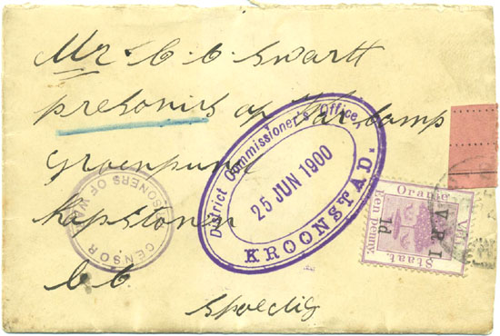 A prisoner of war cover with an oval British censor mark from Kroonstad 25th June 1900.